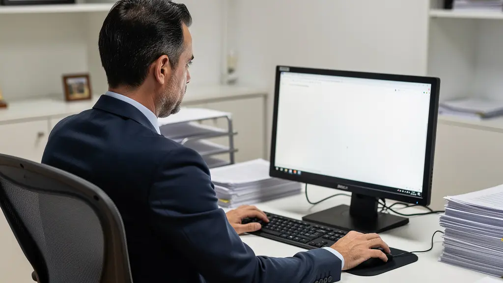 Funcionario trabajando en oficina de registro público español para verificación de agentes inmobiliarios