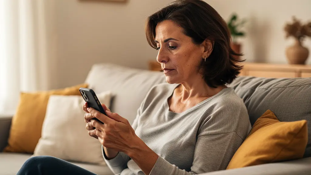 Mujer consultando información en smartphone para verificar registro de agencia inmobiliaria