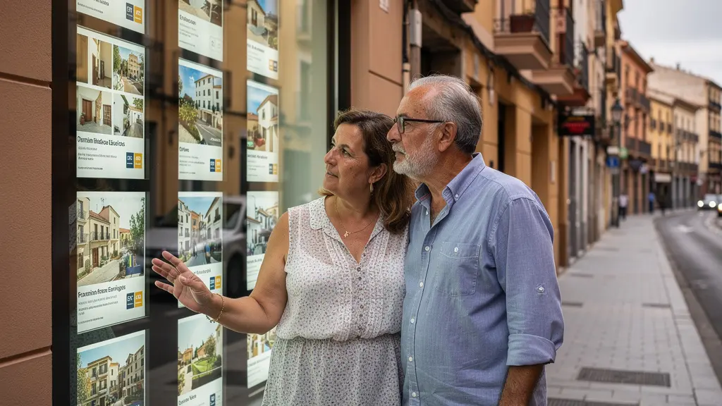 Pareja observando anuncios en escaparate de agencia inmobiliaria en calle comercial española